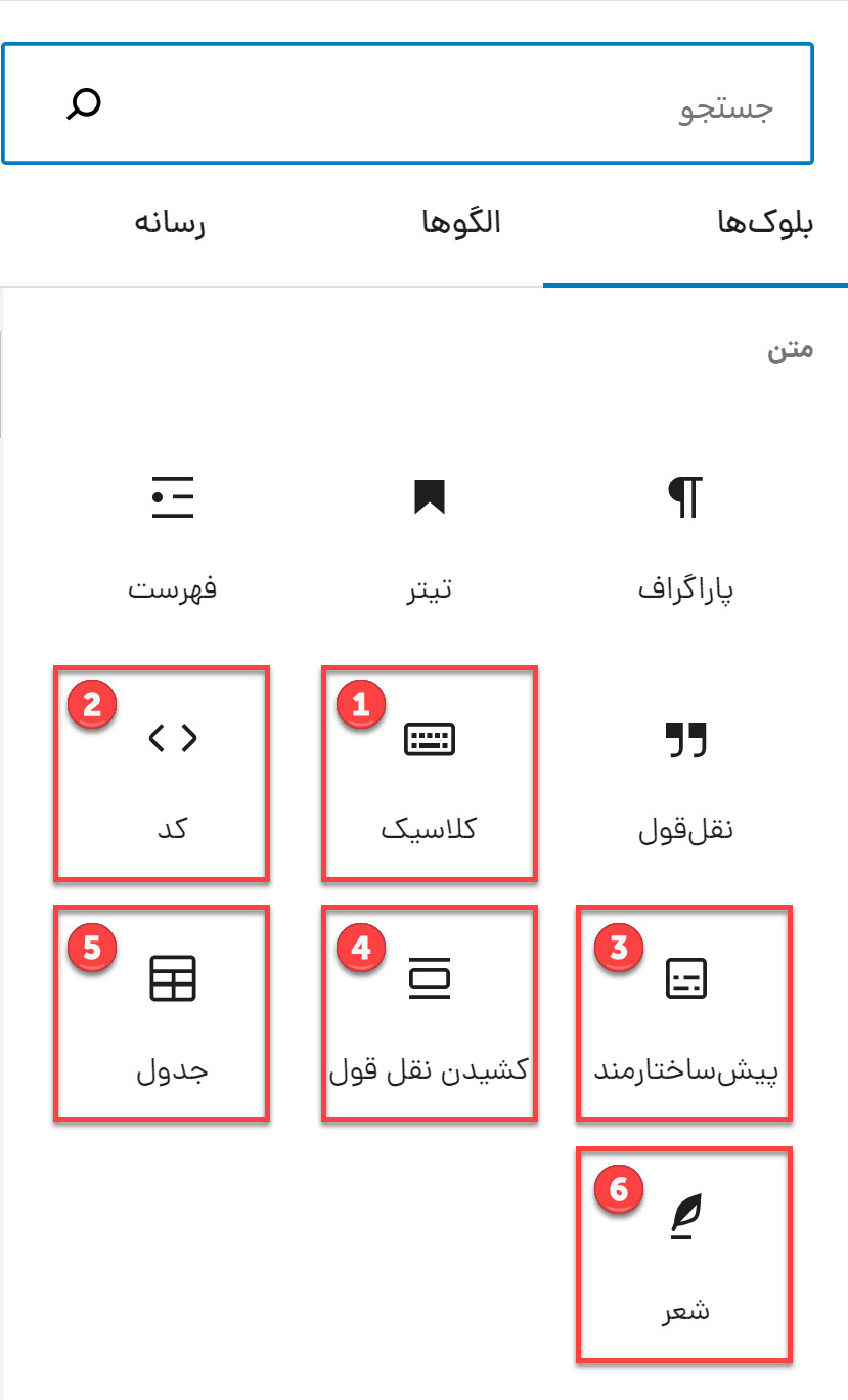 توضیح بلوک های بخش متن