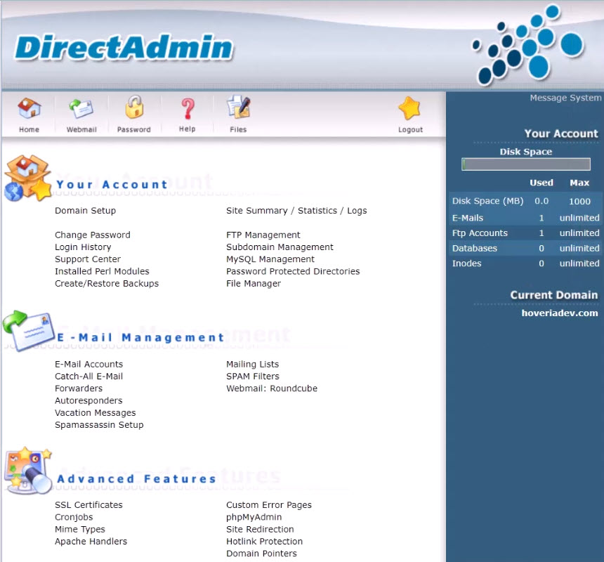 صفحه اصلی DirectAdmin