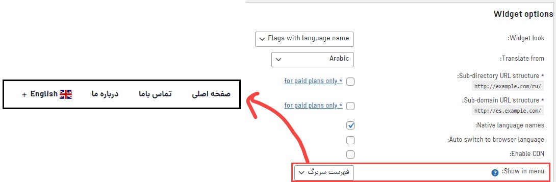 نمایش ویجت انتخاب زبان در فهرست‌های سایت