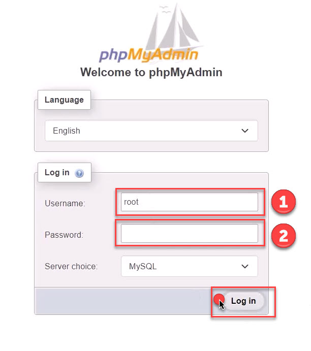 صفحه ورود PhpMyAdmin