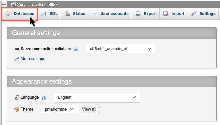 انتخاب گزینه "Databases