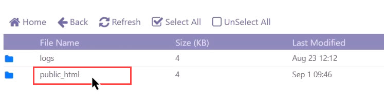 انتخاب پوشه Public-Html