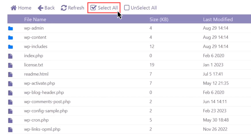 انتخاب تمامی فایل‌ها در کنترل‌پنل CyberPanel