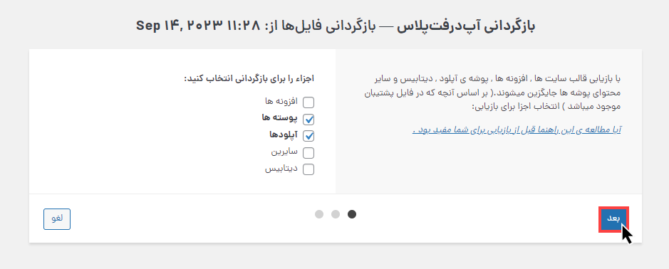 مشخص کردن گزینه‌های لازم جهت بازگردانی