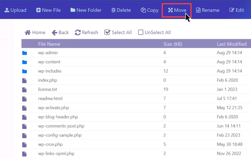 انتقال فایل‌ها در کنترل‌پنل CyberPanel  به پوشه Public_Html