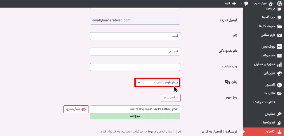 انتخاب زبان پیش فرض سایت