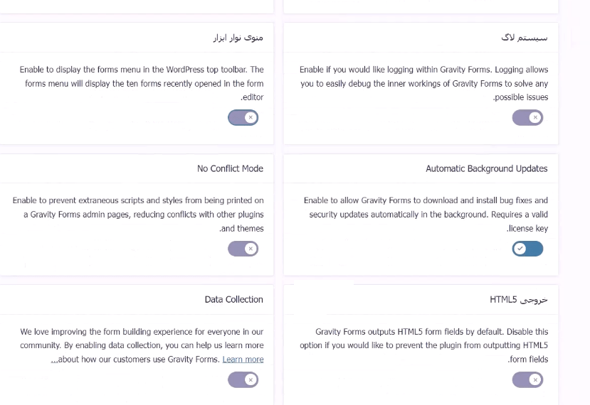گزینه های تنظیمات دیگر در گرویتی فرم