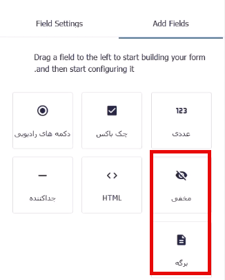 فیلد مخفی و برگه در بخش فیلدهای استاندارد