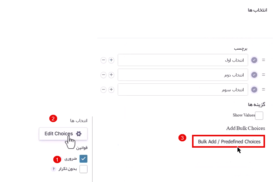 کلیک روی انتخاب ها در فیلد بازشو
