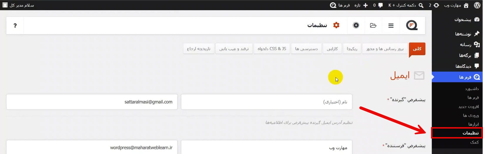 تنظیمات افزونه کیو فرم