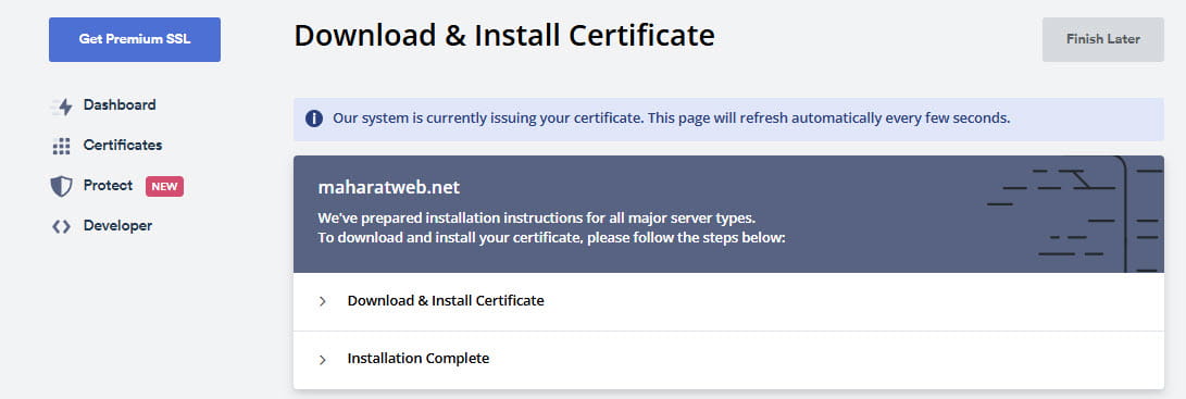 انتظار برای صدور گواهی SSL در ZeroSSL و ادامه مراحل نصب SSL به صورت دستی