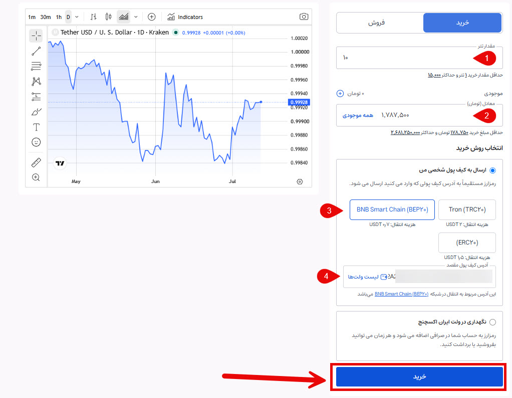 انتقال تتر USDT از صرافی ایران اکسچنج به کیف پول MPAY روی شبکه BEP20