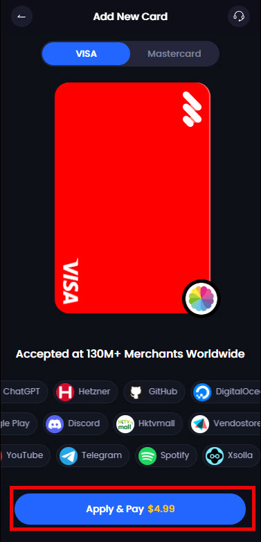 صفحه صدور کارت Visa در MPAY و گزینه Apply & Pay برای ساخت کارت مجازی