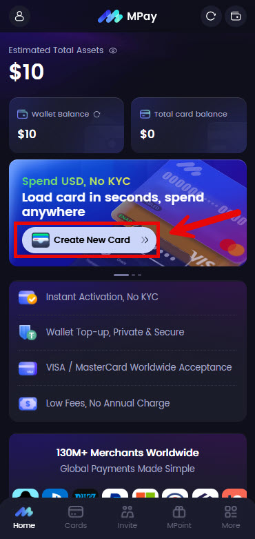 گزینه Create New Card در صفحه اصلی MPAY برای ساخت کارت مجازی Visa