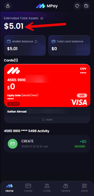 مشاهده موجودی کارت Visa و تراکنش‌های اخیر در صفحه Home حساب MPAY