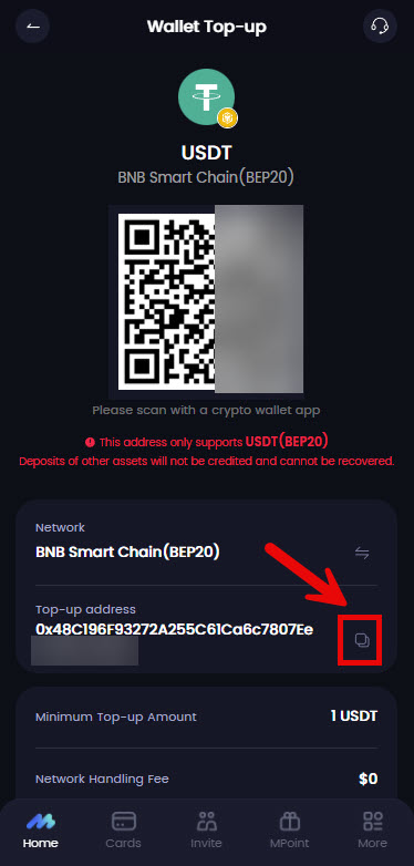 کپی آدرس کیف پول USDT روی شبکه BEP20 برای شارژ حساب MPAY