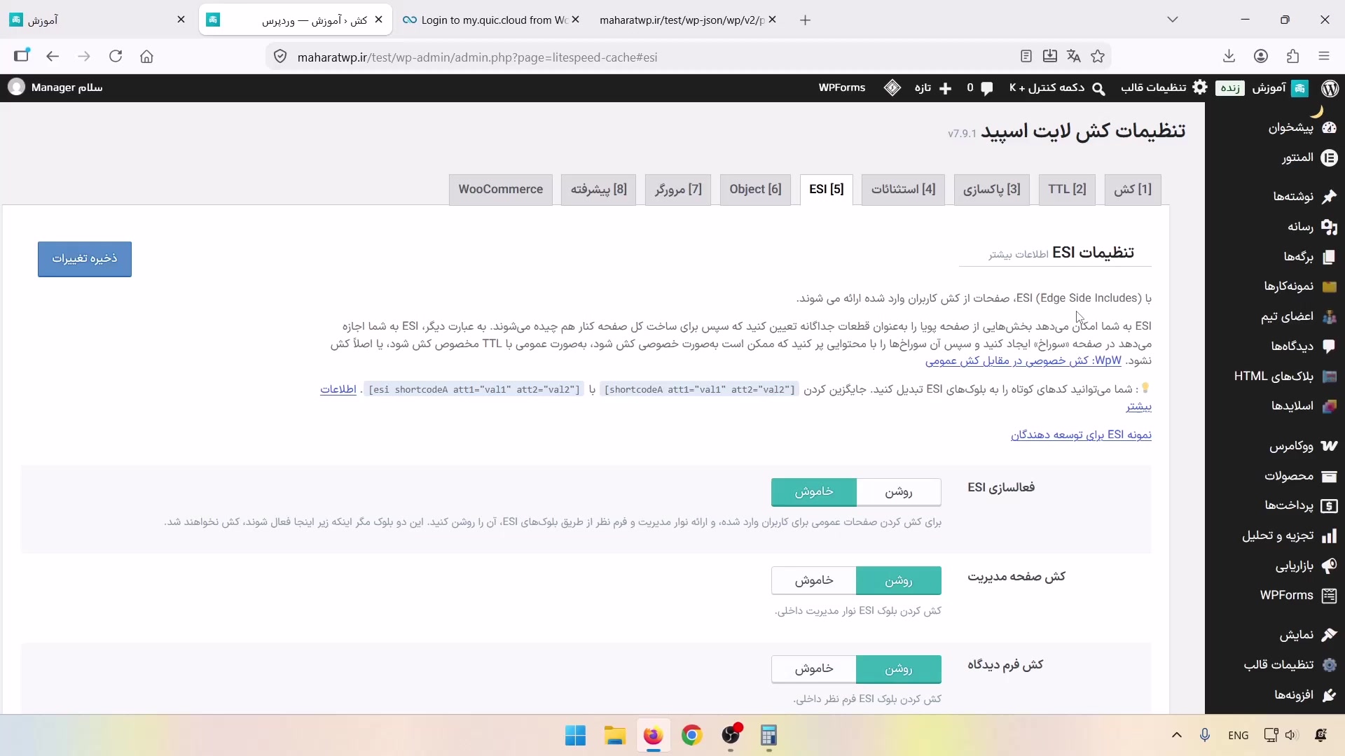 فعال‌سازی ESI و گزینه‌های کش نوار مدیریت و فرم دیدگاه