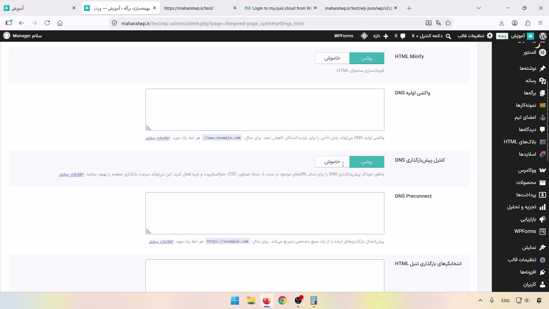 گزینه HTML Minify و فیلدهای DNS Prefetch و DNS Preconnect
