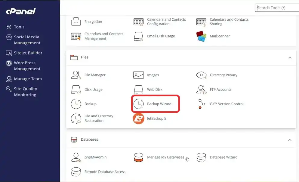 پیداکردن گزینه Backup Wizard برای بکاپ گرفتن از هاست سی پنل