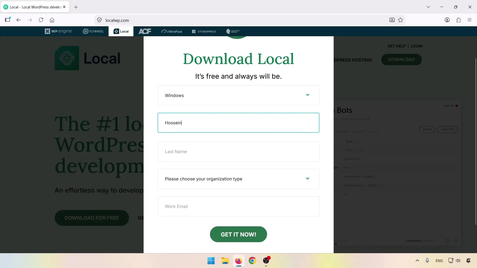 فرم انتخاب سیستم عامل و دانلود LocalWP