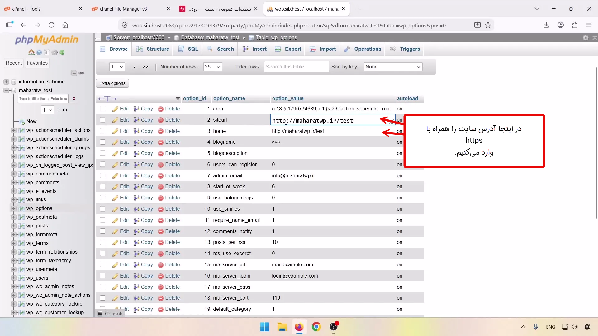 تغییر مقادیر siteurl و home وردپرس در جدول Options دیتابیس