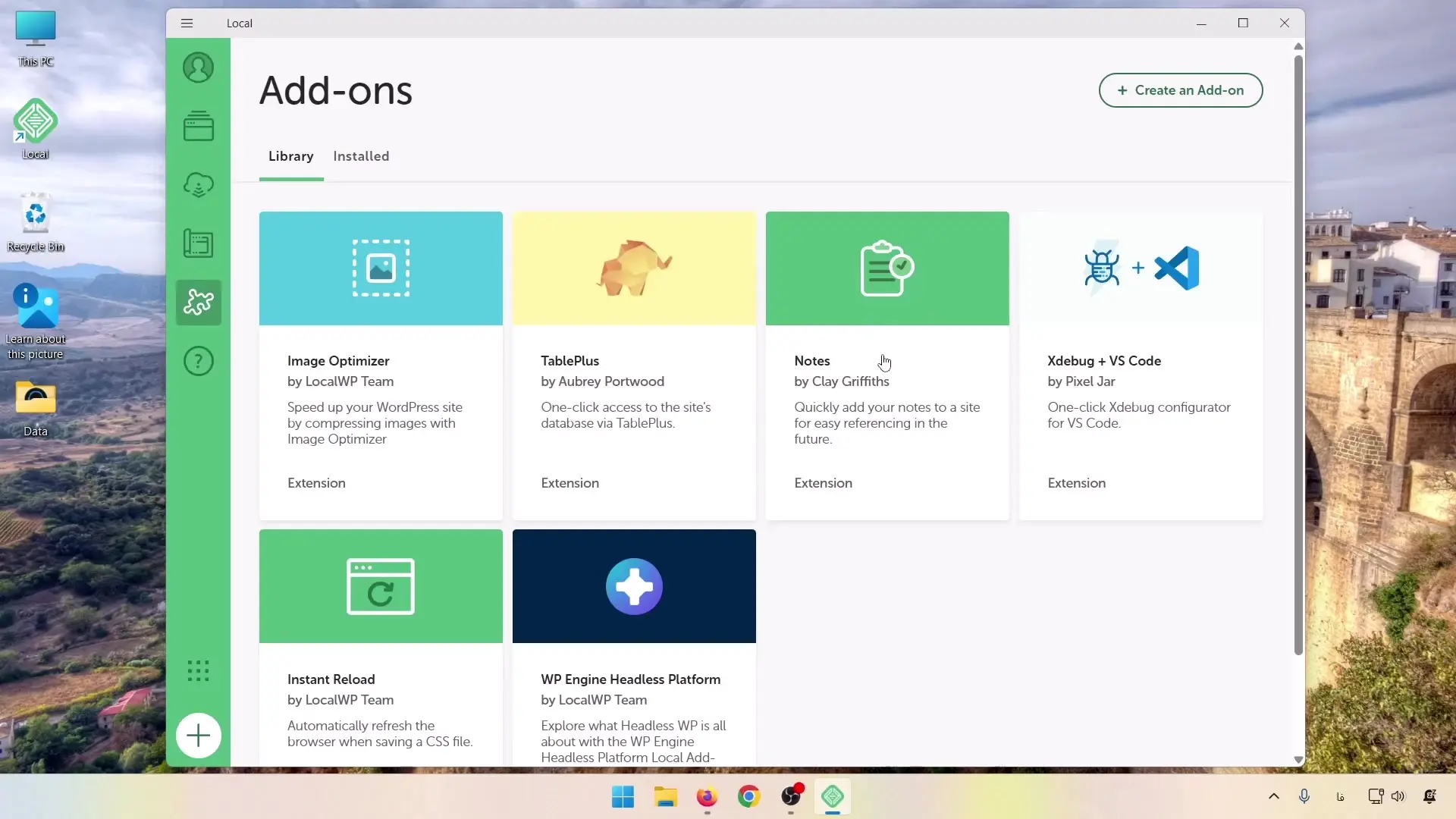 افزونه‌های جانبی در بخش Add-ons نرم‌افزار LocalWP