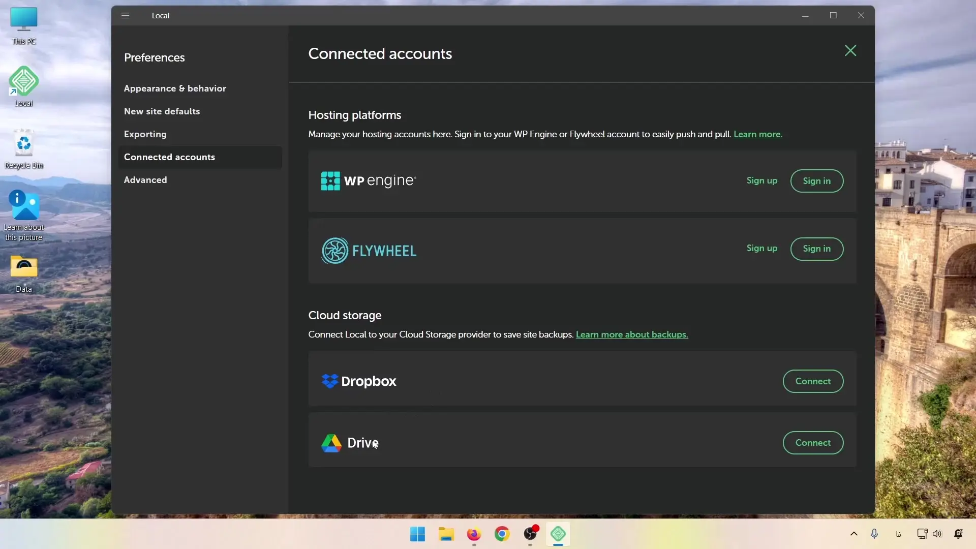 بخش Connected accounts در تنظیمات LocalWP