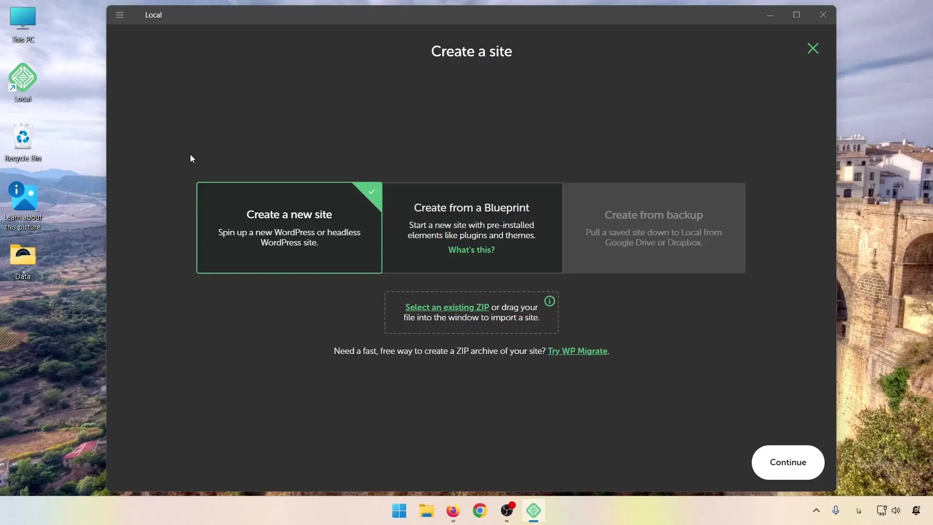 انتخاب Create a new site برای ساخت سایت در LocalWP