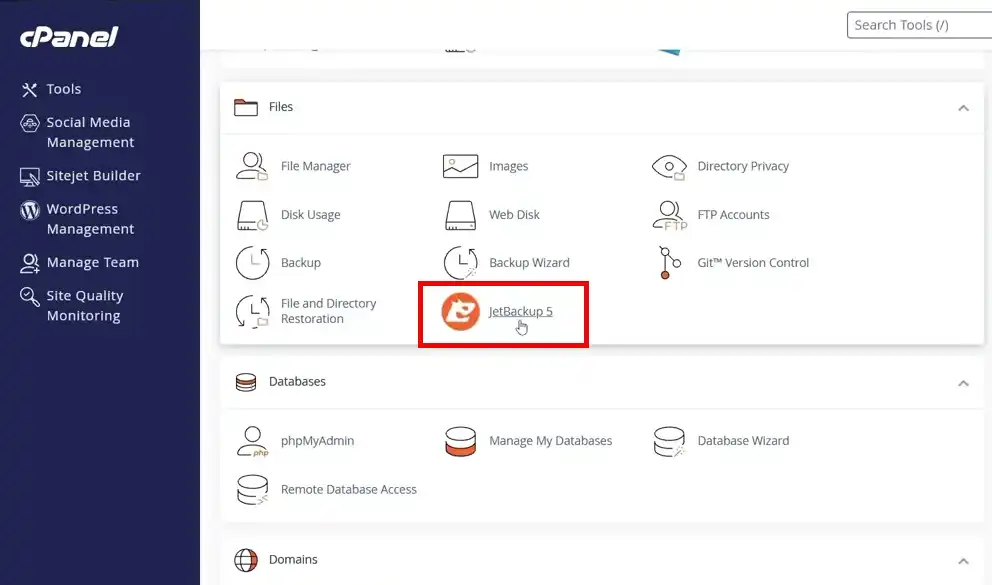 گزینه JetBackup 5 در بخش Files هاست سی پنل