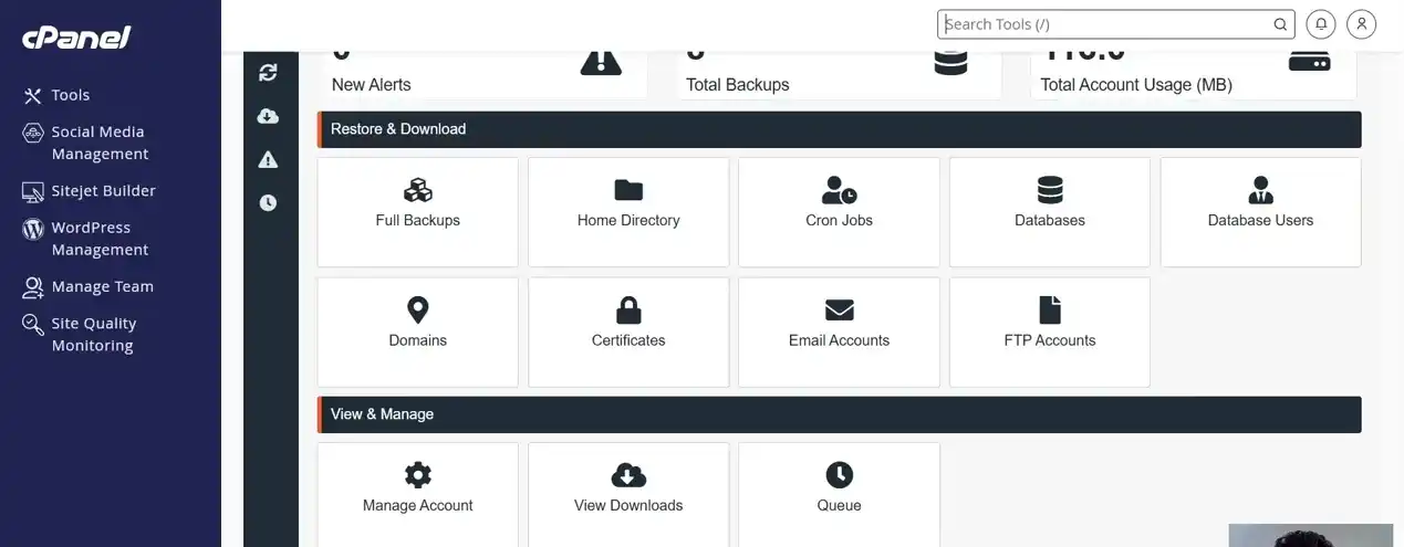 پیشخوان JetBackup و بخش‌های قابل دانلود و بازیابی