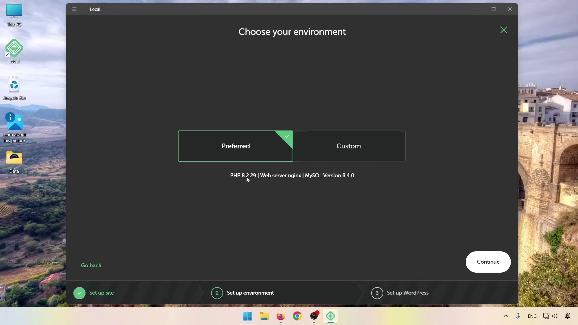 انتخاب محیط Preferred یا Custom در LocalWP