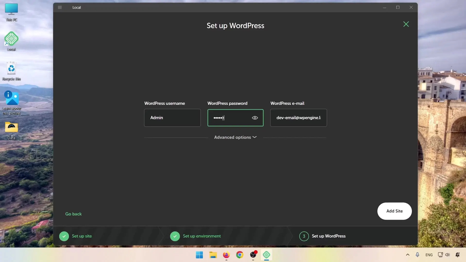 وارد کردن نام کاربری رمز عبور و ایمیل مدیر وردپرس در LocalWP
