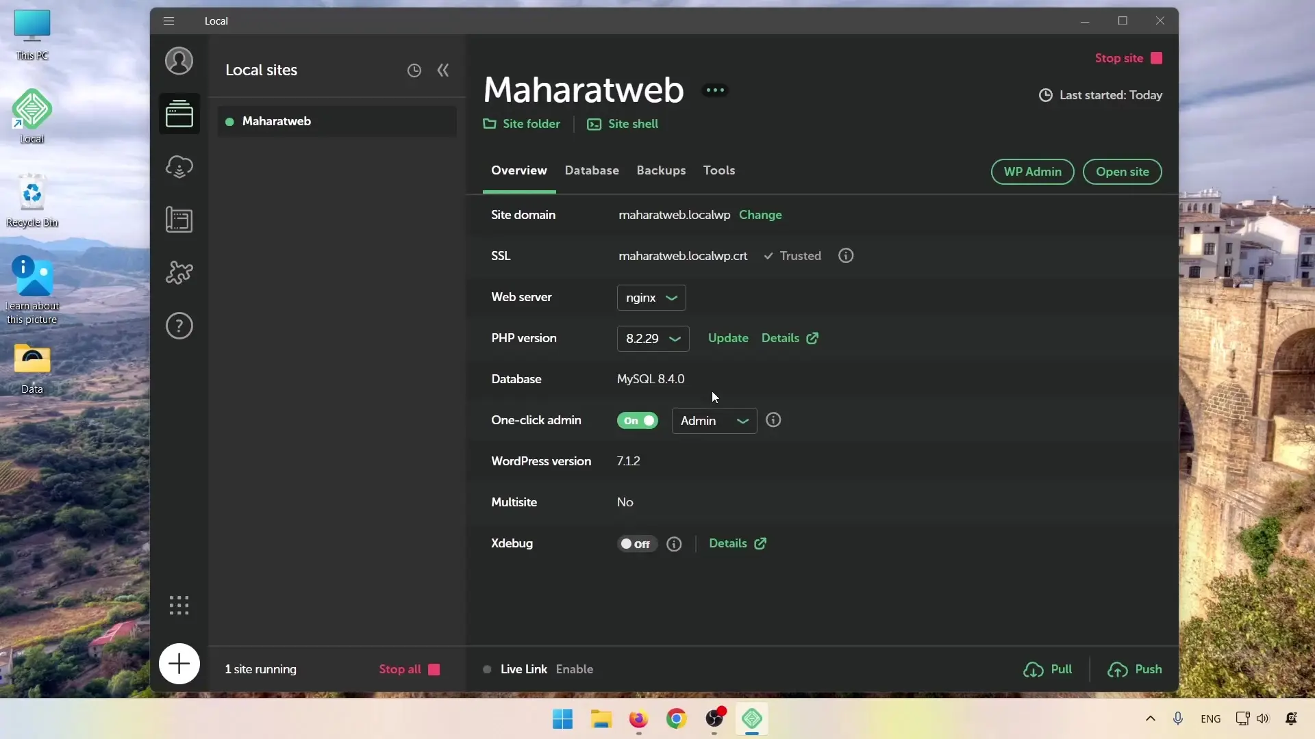 صفحه Overview و تنظیمات سایت ساخته شده در LocalWP