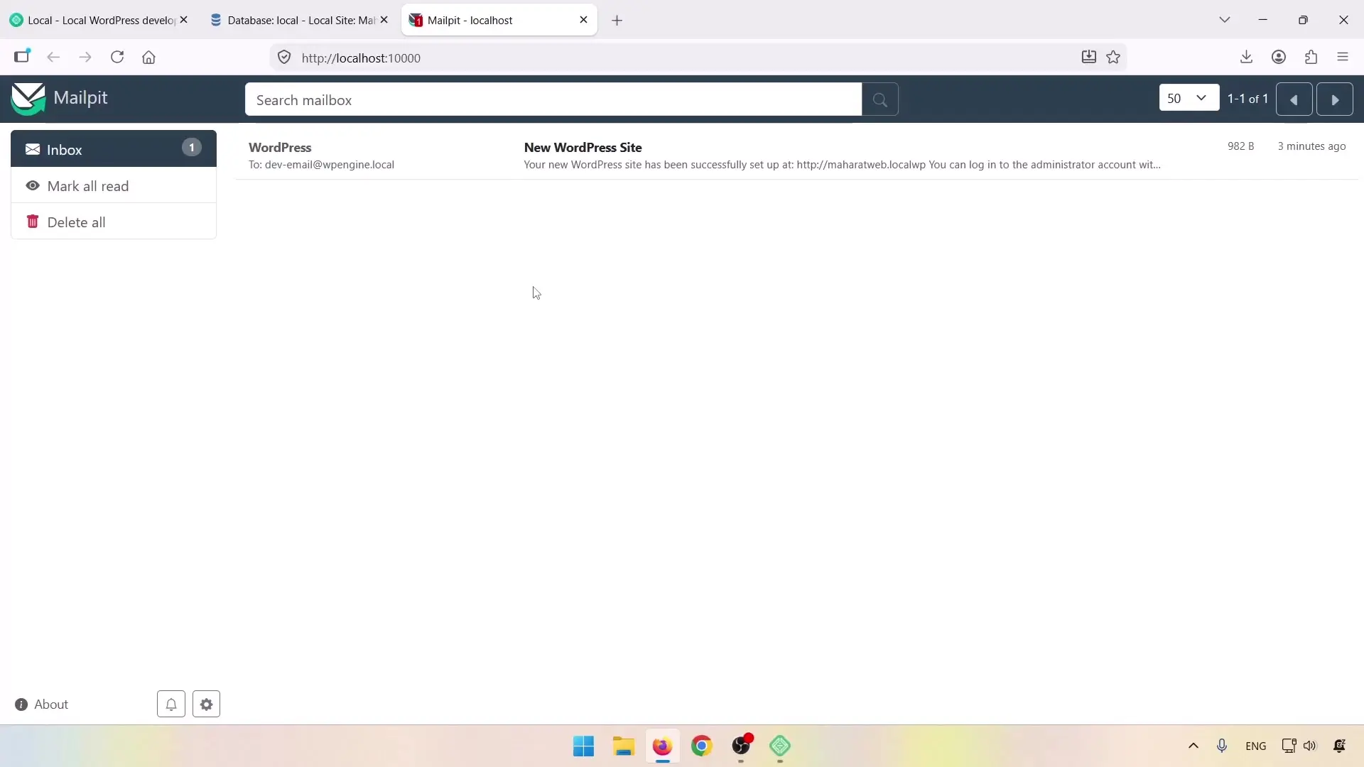 صندوق ایمیل آزمایشی Mailpit در LocalWP