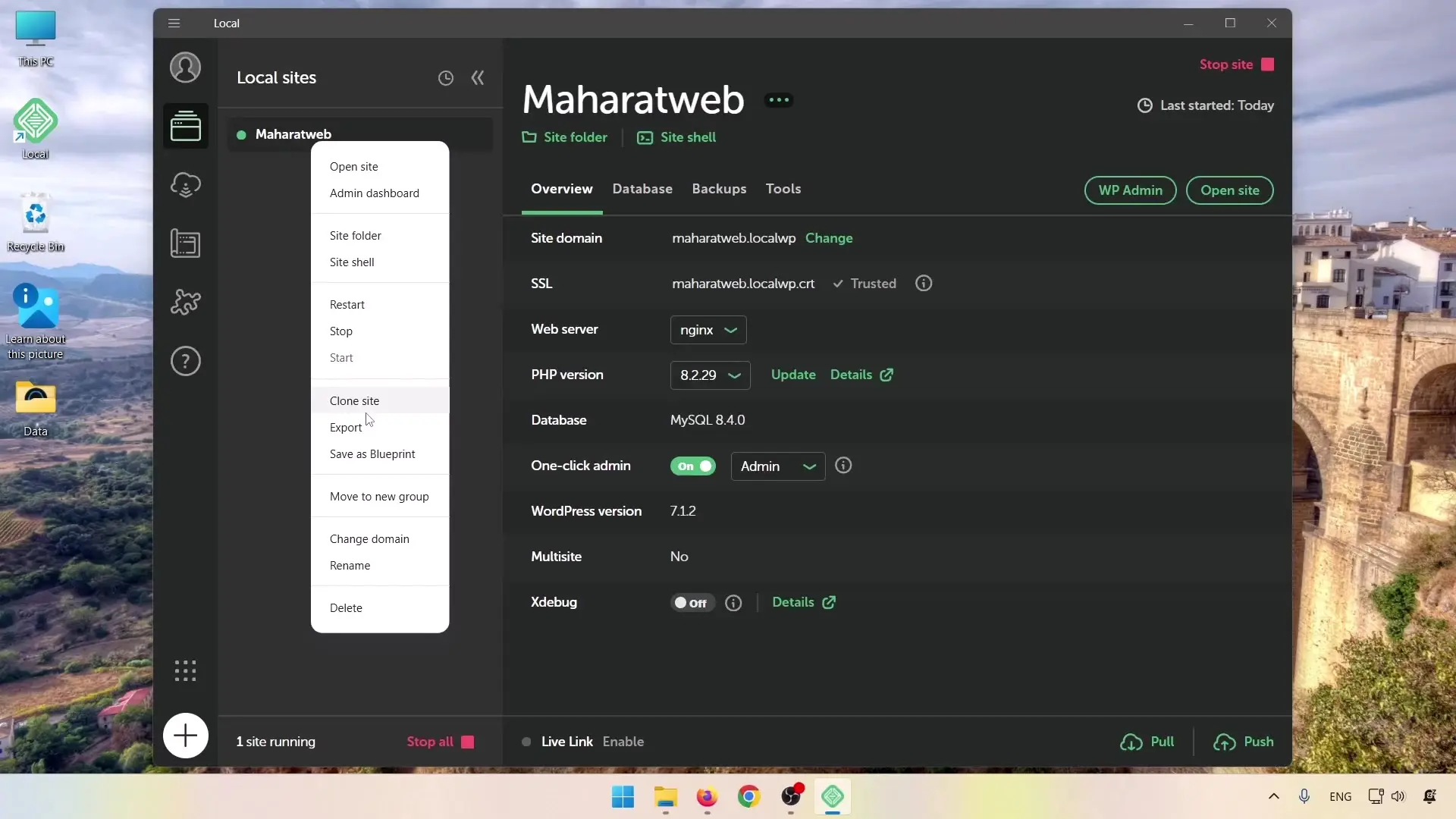 منوی عملیات سایت شامل Clone Export و Save as Blueprint در LocalWP